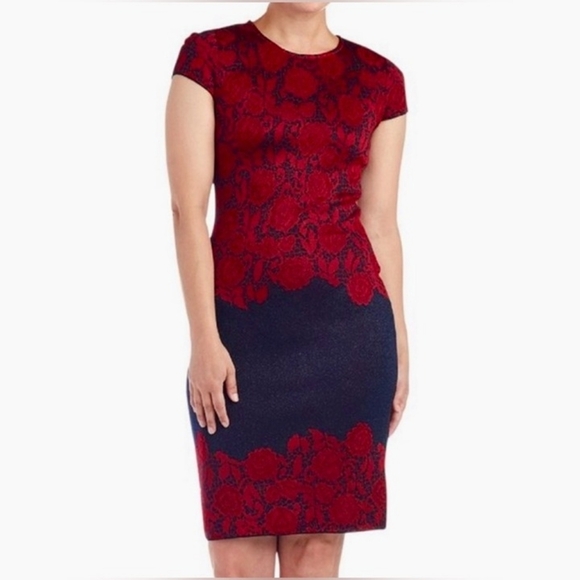 St. John Milano Knit Floral Dress In Blck And Red Size 4